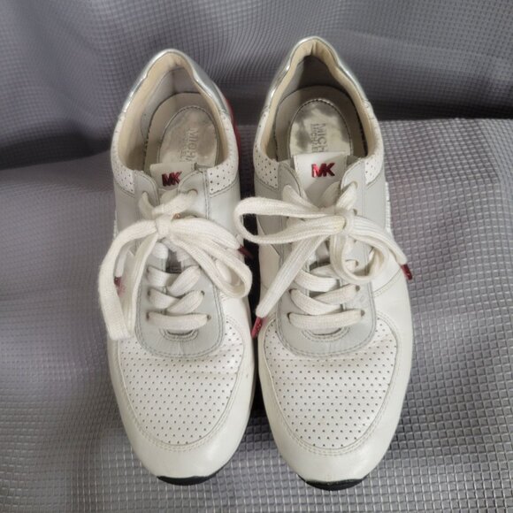Michael Kors Womens Size 7M Sneakers Allie Perforated Leather Lace-up Gray Red - Picture 2 of 12